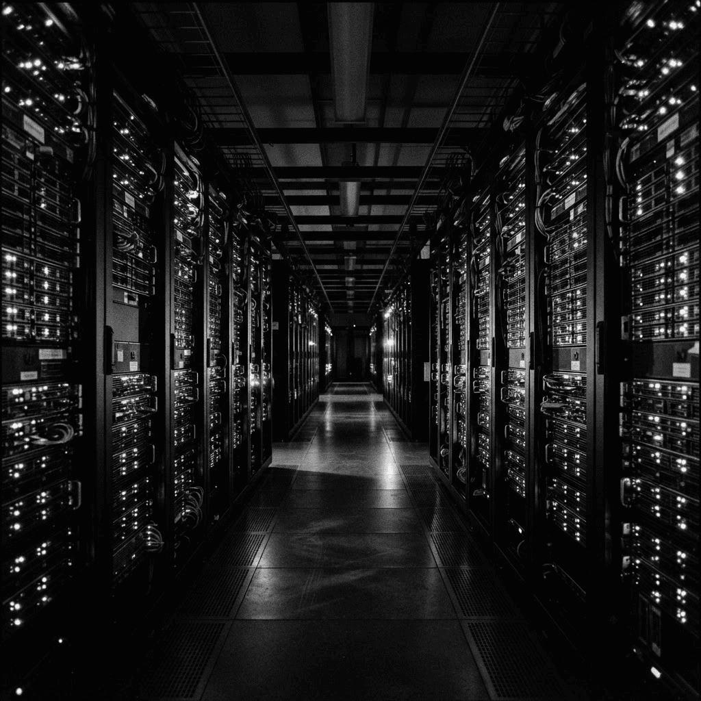 A long data center corridor lined with server racks