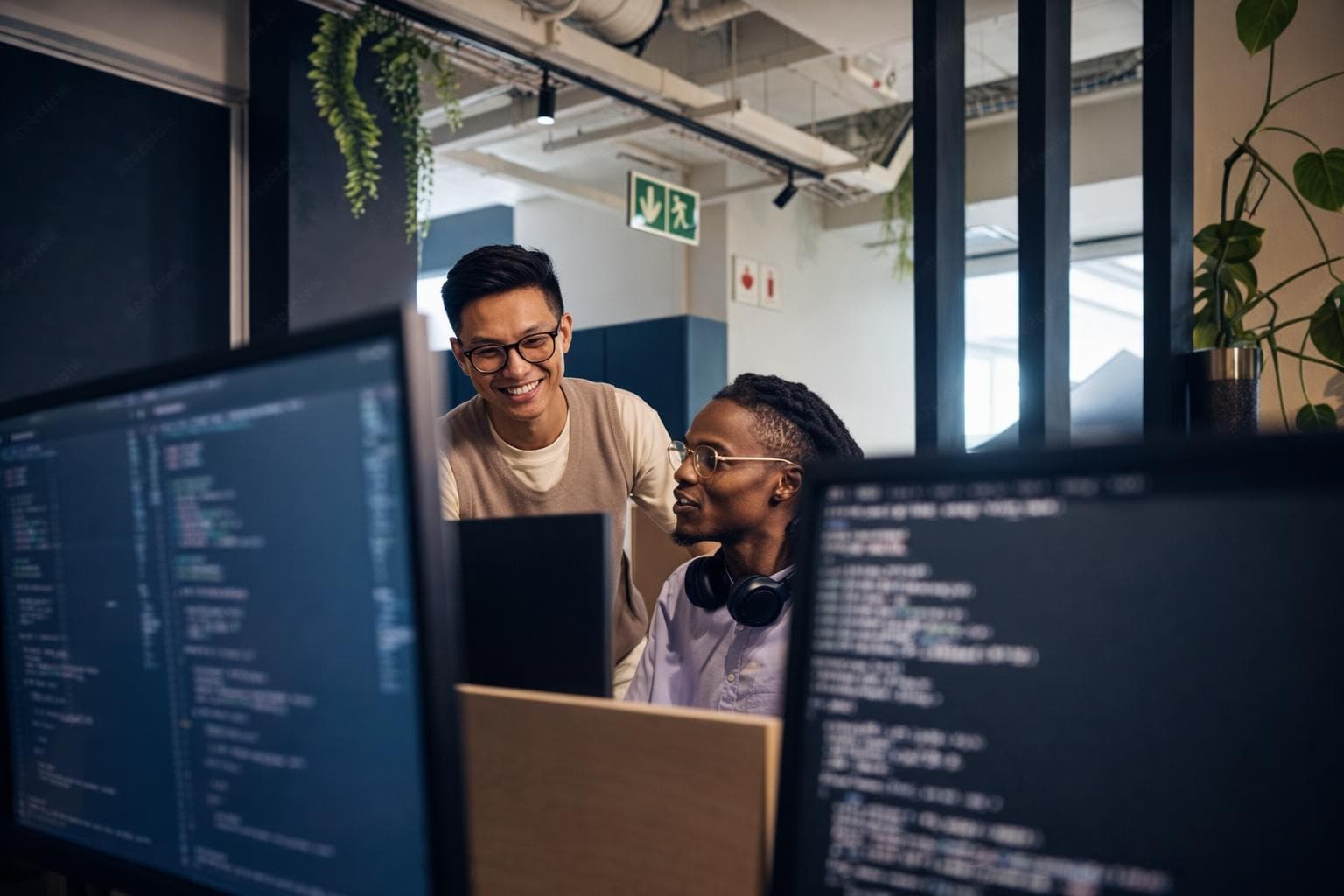 Two developers at their monitors, one standing to look over the other's shoulder at the code