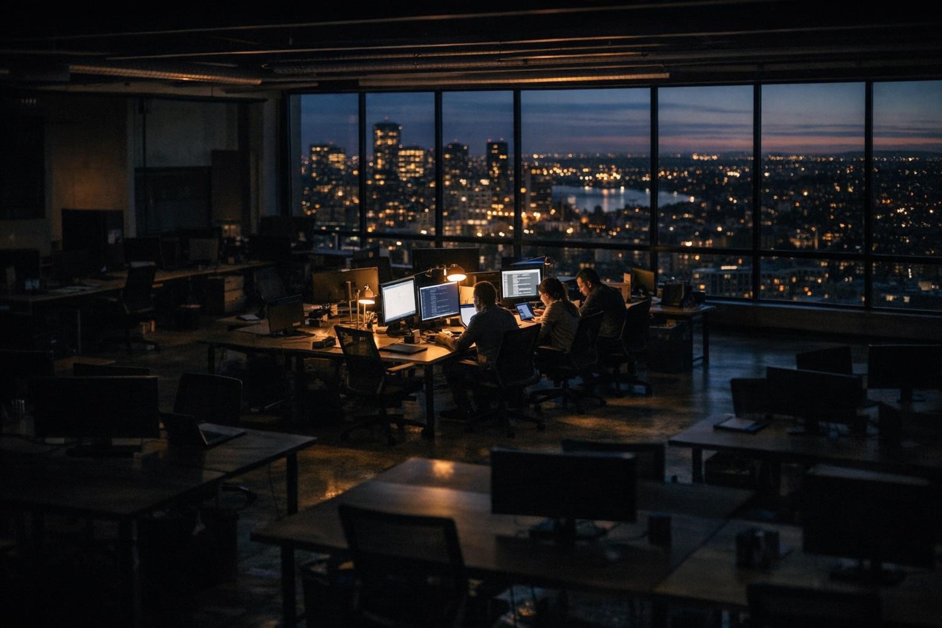 Three engineers working at lit monitors in a dim open-plan studio at night, city lights through the windows